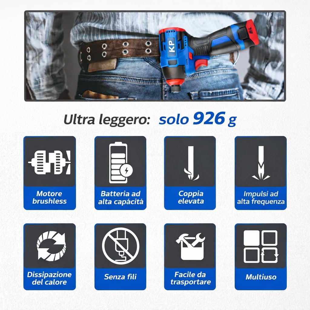 Acquista KP ULTRADRIVE Avvitatore ad Impulsi Brushless 160 Nm 16,8 v Potenzia il tuo lavoro fai-da-te con un avvitatore ad impulsi brushless 16,8 V con 2 batterie 2 Ah e controllo a 3 velocit�. Ideale per serraggi, montaggi e operazioni su metallo e legno in casa, garage e cantiere. Massima autonomia e durata operativa.  